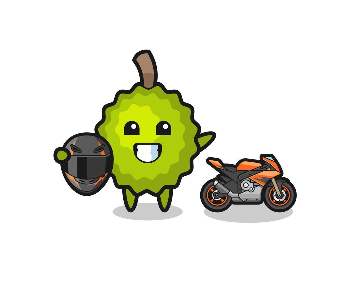 linda caricatura de durian como piloto de motos vector