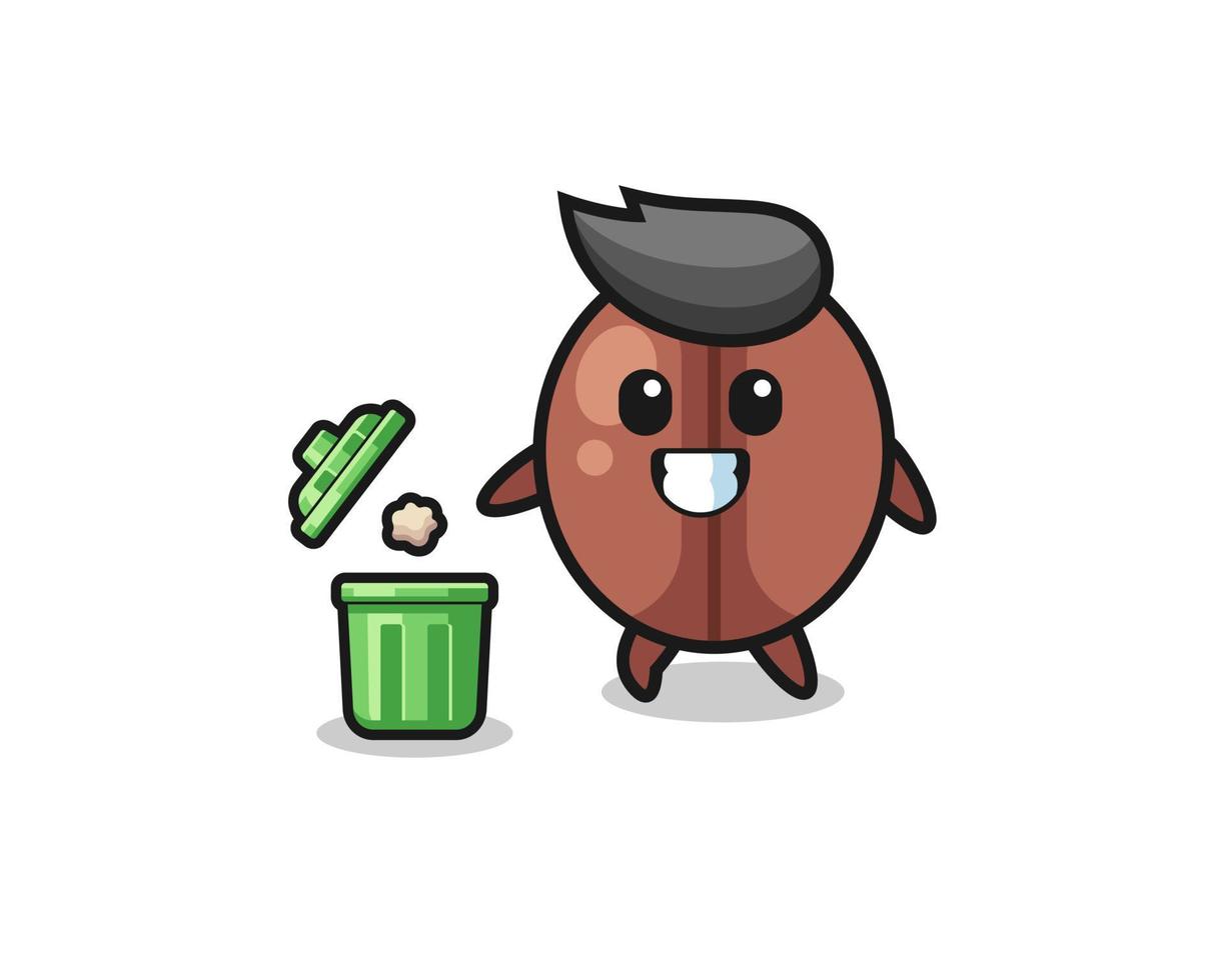 illustration of the coffee bean throwing garbage in the trash can vector