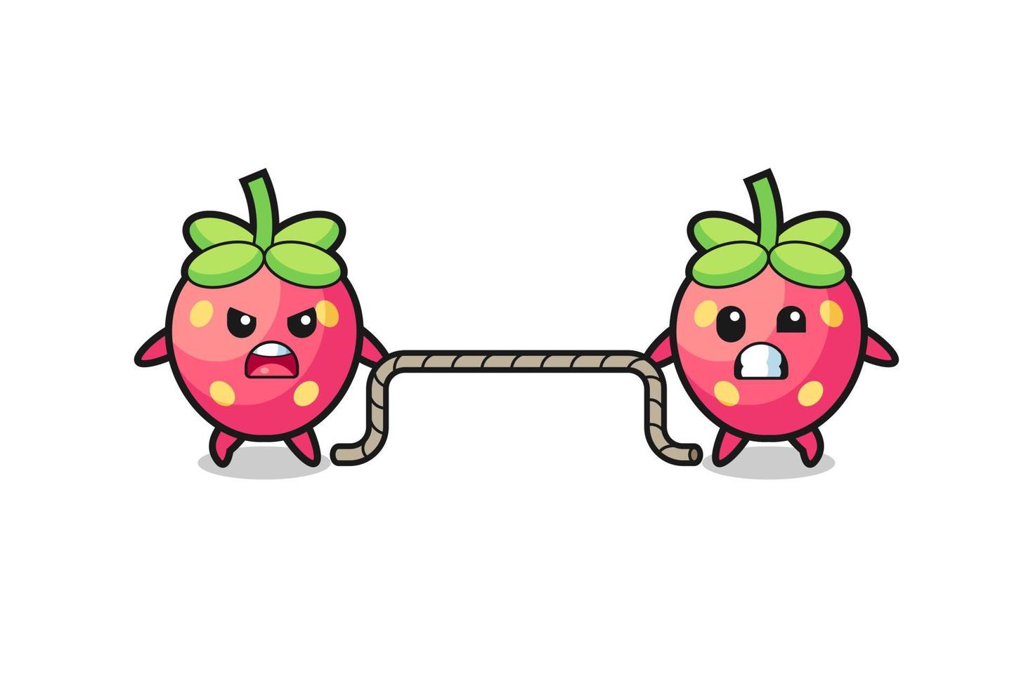 cute strawberry character is playing tug of war game vector