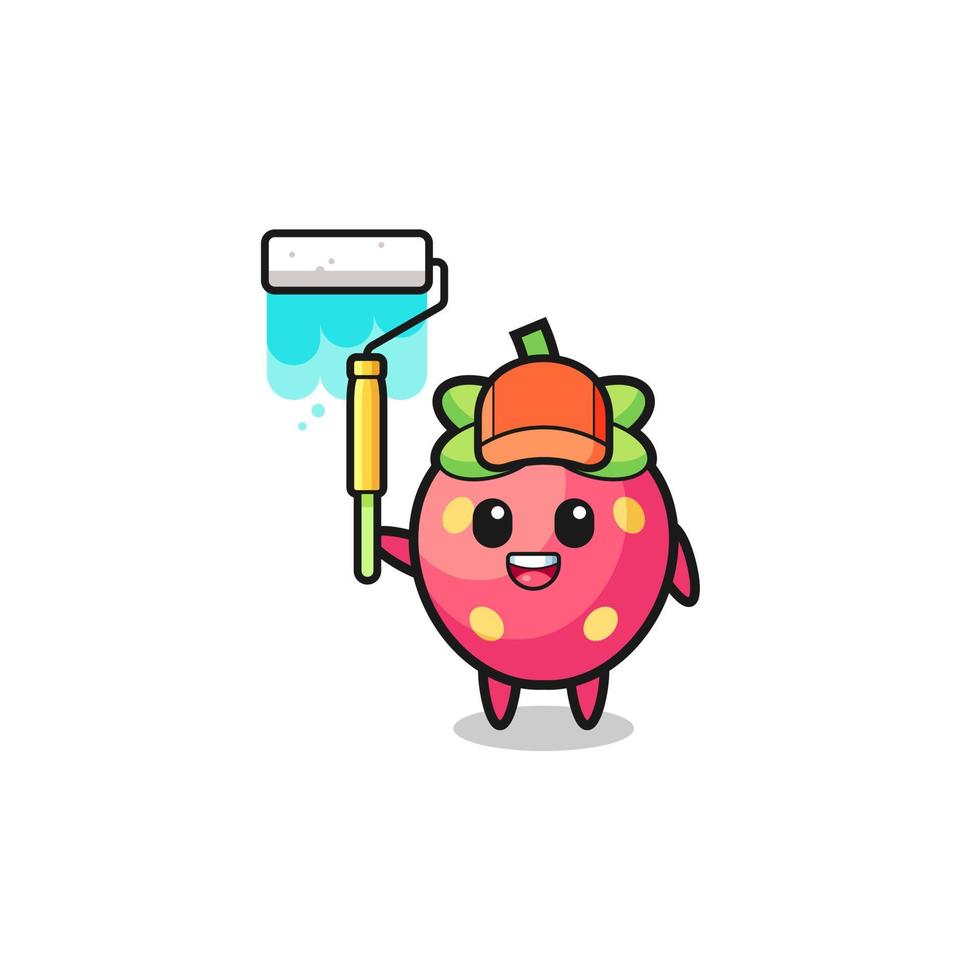 la mascota del pintor de fresas con un rodillo de pintura vector