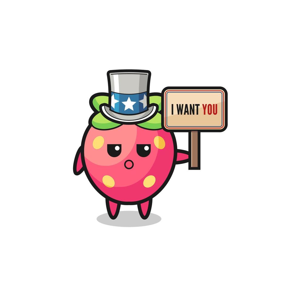strawberry cartoon as uncle Sam holding the banner I want you vector