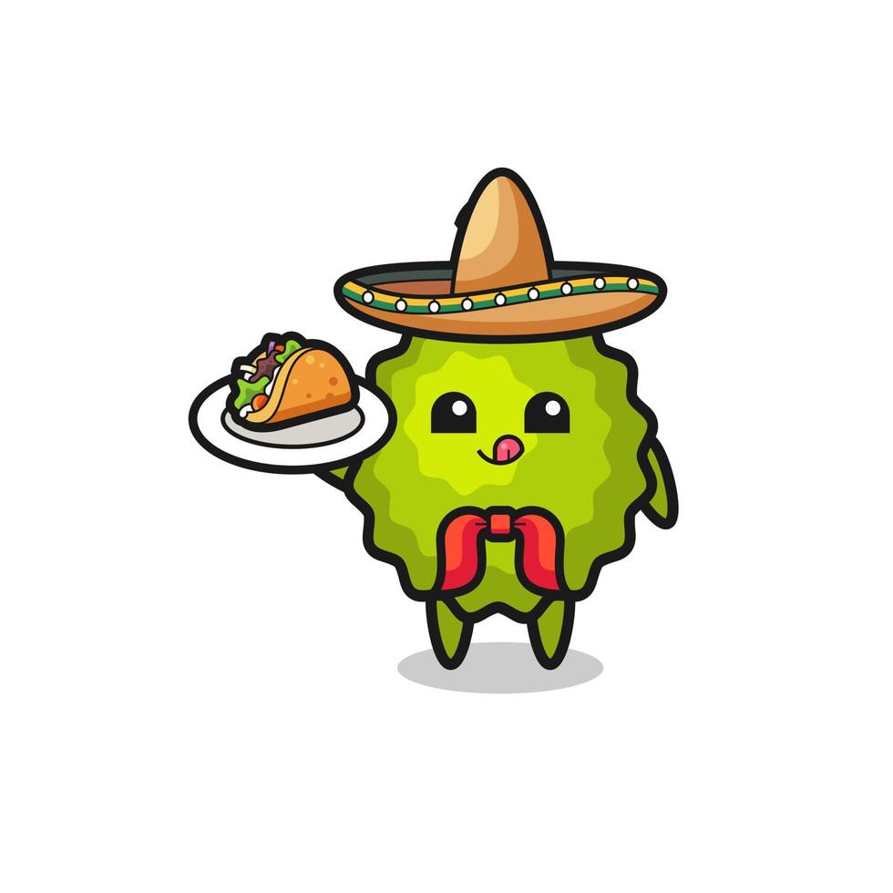 mascota del chef mexicano durian sosteniendo un taco vector