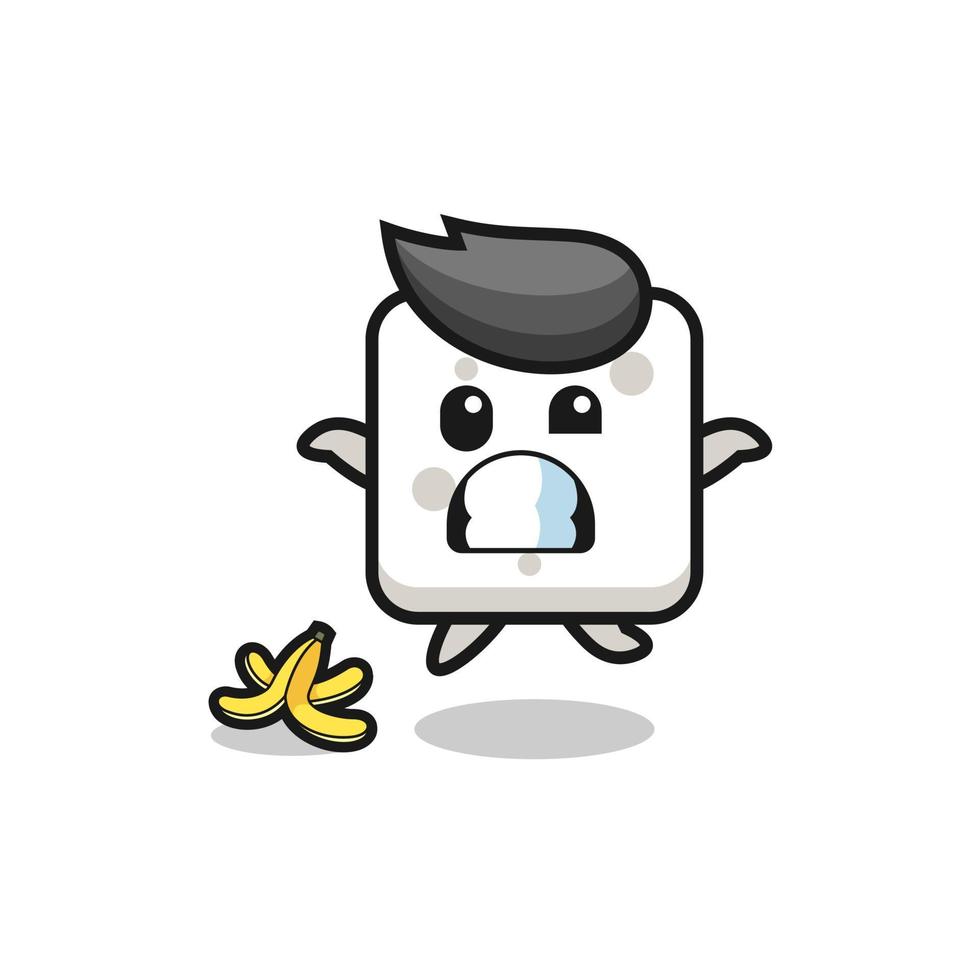 sugar cube cartoon is slip on a banana peel vector