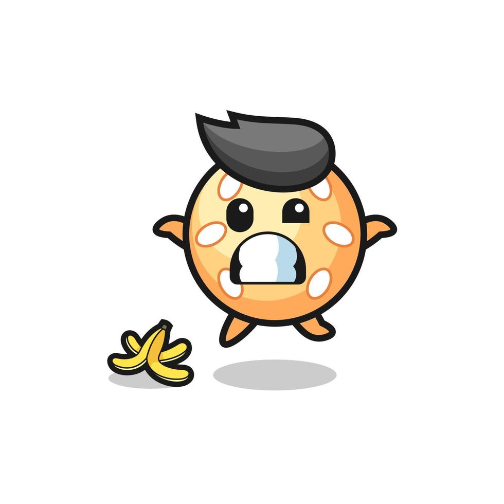 sesame ball cartoon is slip on a banana peel vector