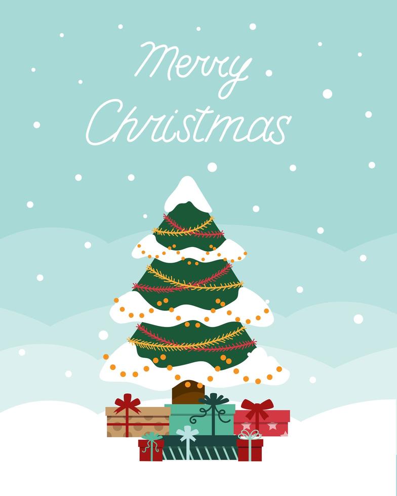 Christmas card fir tree in the snow with gifts vector