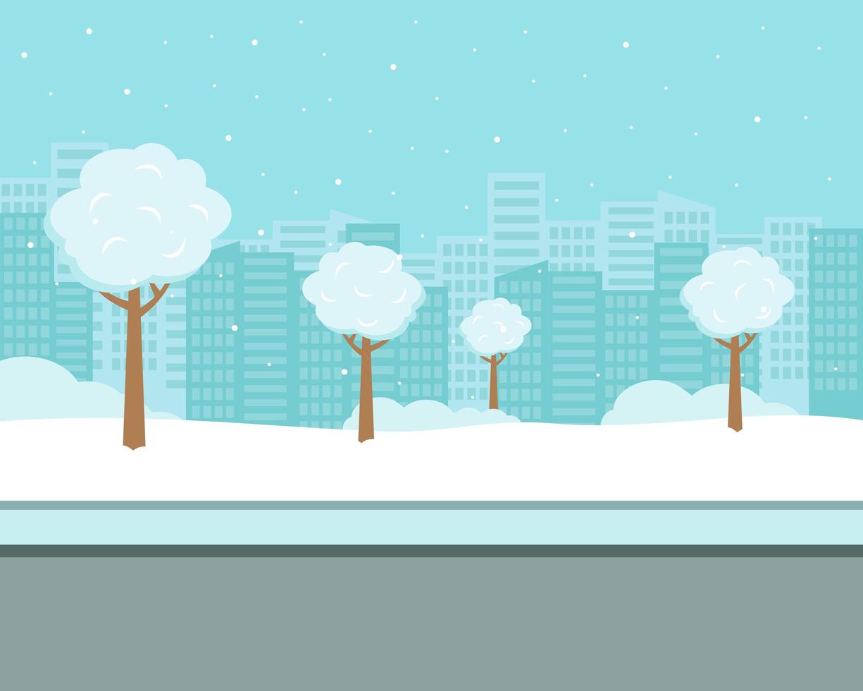 Snowy street. Urban winter landscape. Vector illustration flat design