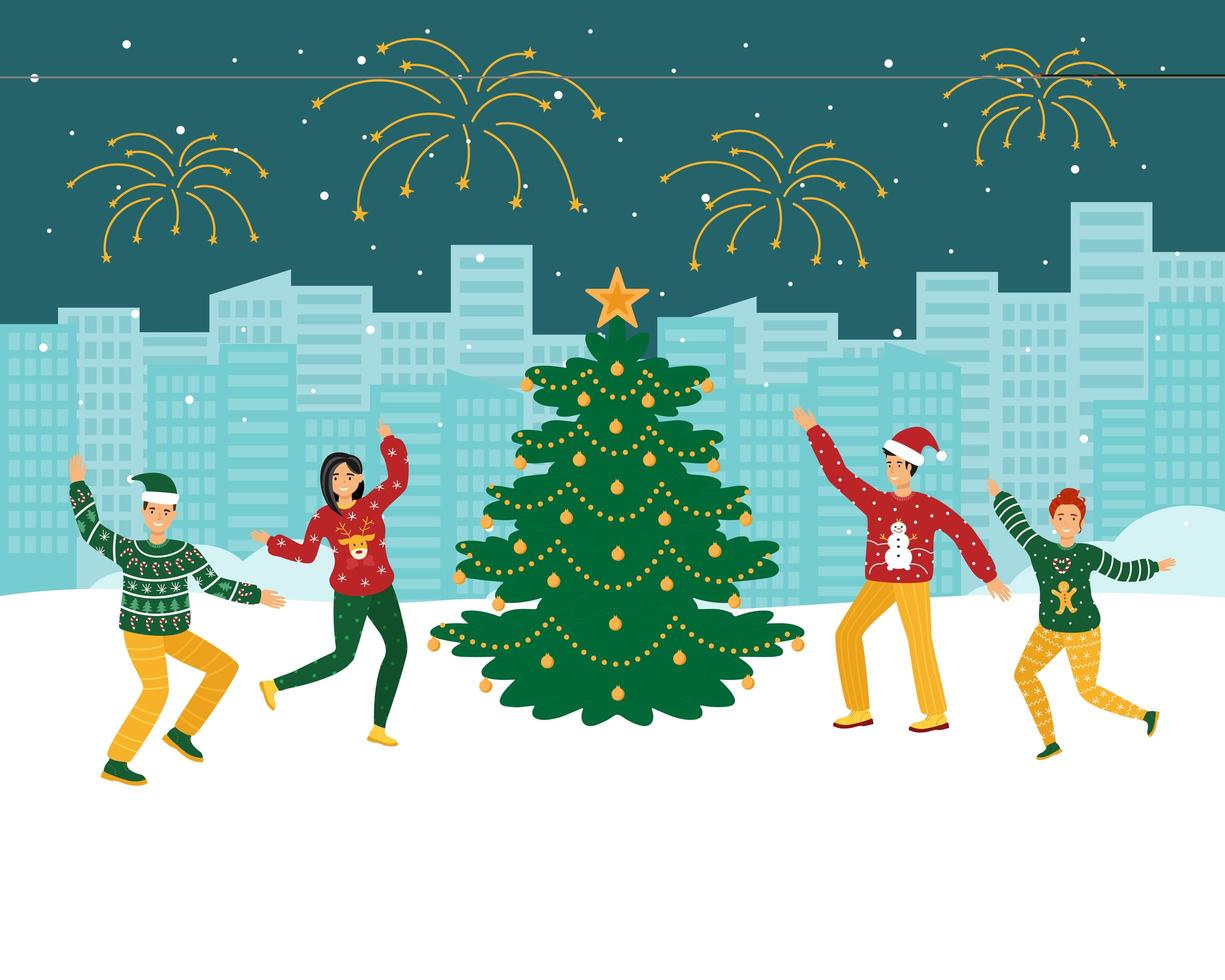 people celebrate christmas on the street vector