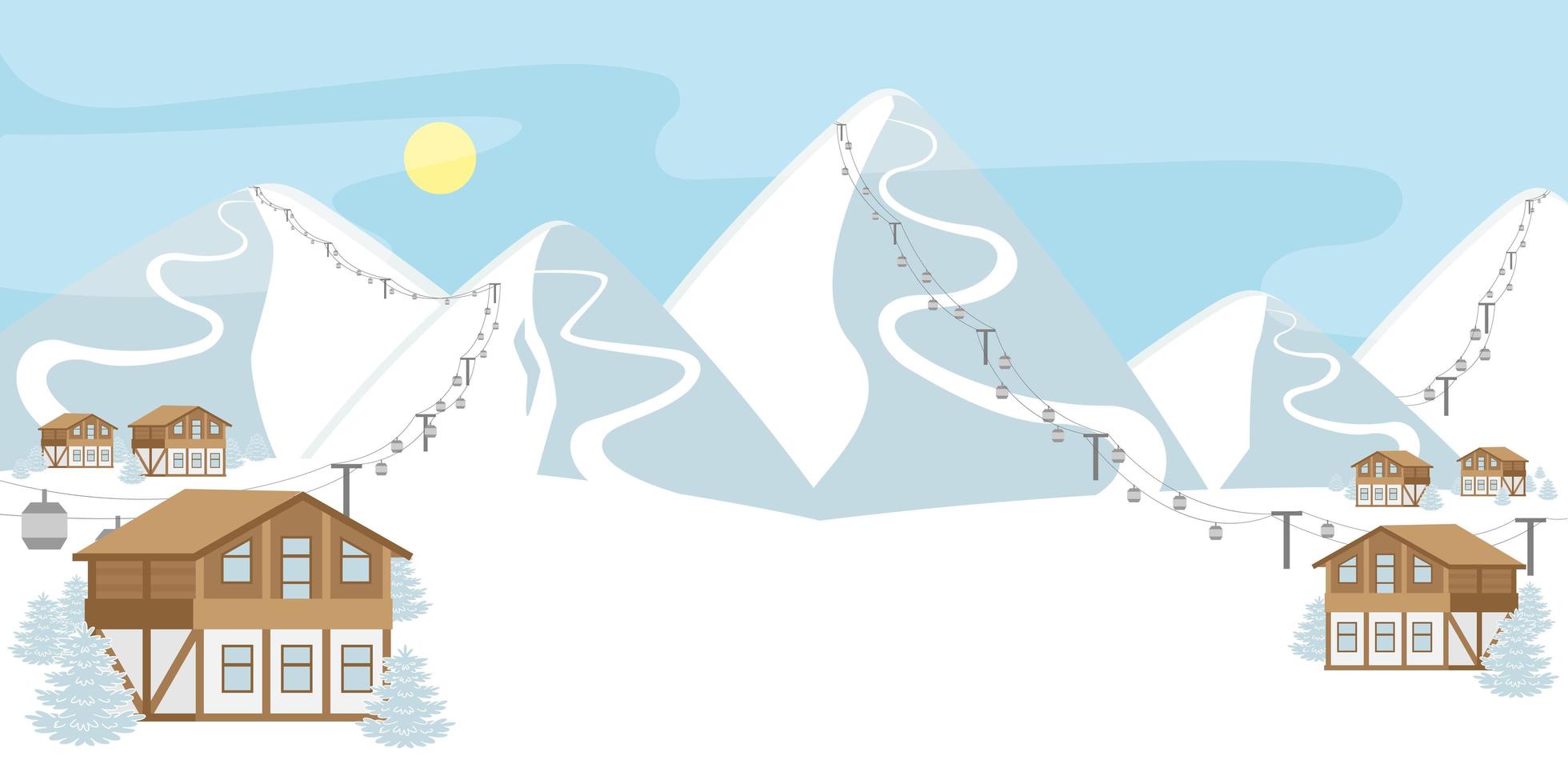 Winter snowy ski resort with chalets and cable cars. Blank space for text vector