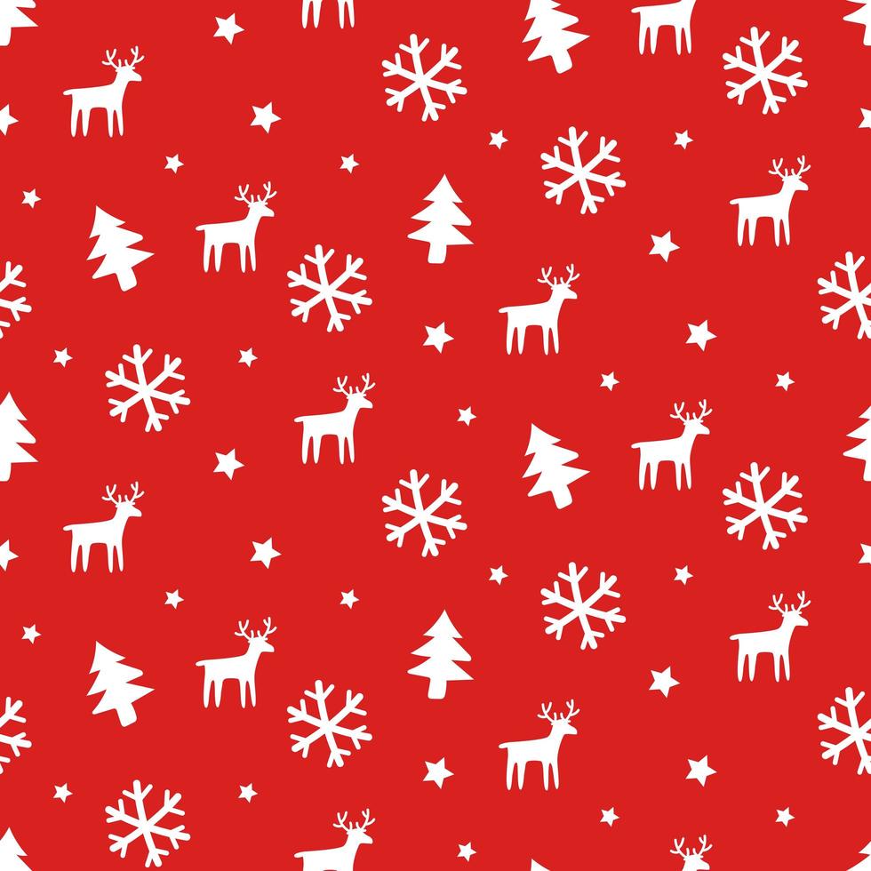 Red Christmas seamless pattern with reindeer and snowflakes vector