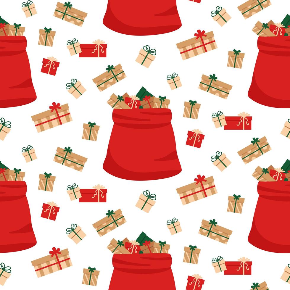 Full gift open santa claus red bag. Seamless pattern vector