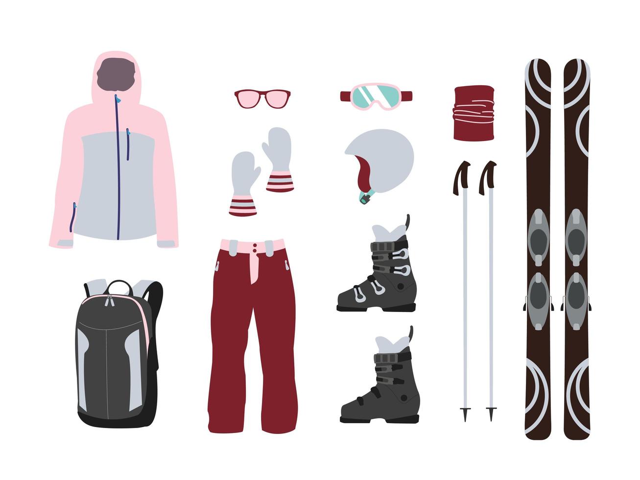 Ski equipment kit woman clothes. Extreme winter sport. Set skis. vacation, activity or travel sport mountain cold recreation. vector