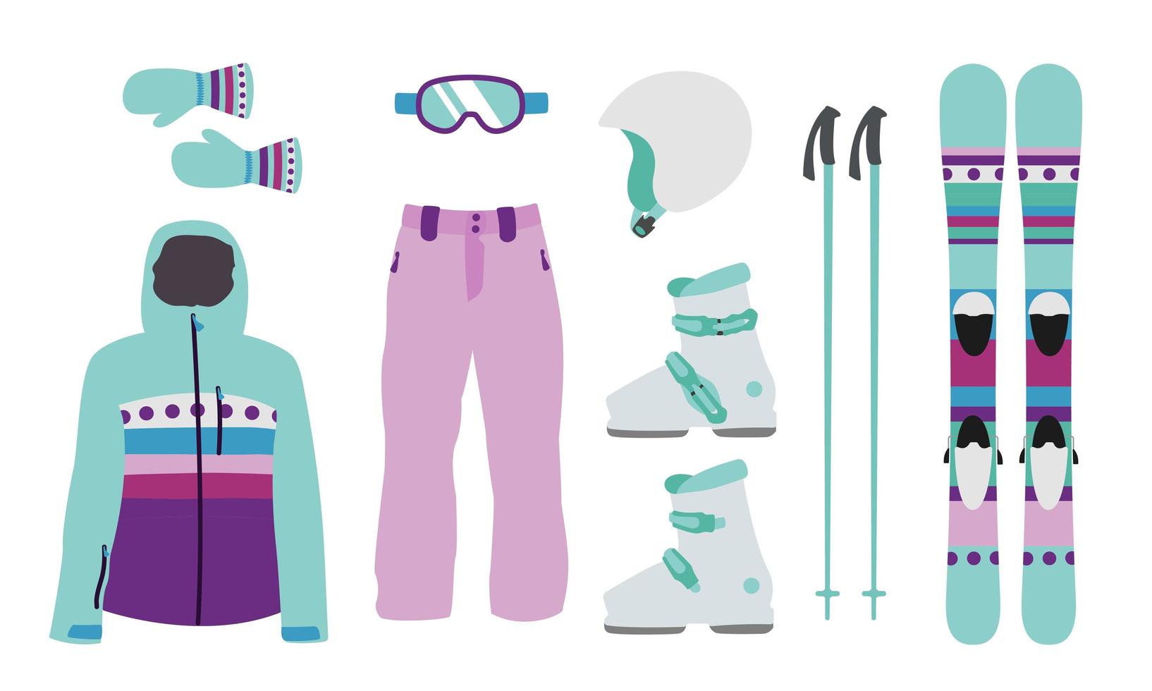 Girl ski equipment kit clothes vector illustration. Extreme winter sport.  Set skis. vacation, activity or travel sport mountain cold recreation.  3805143 Vector Art at Vecteezy