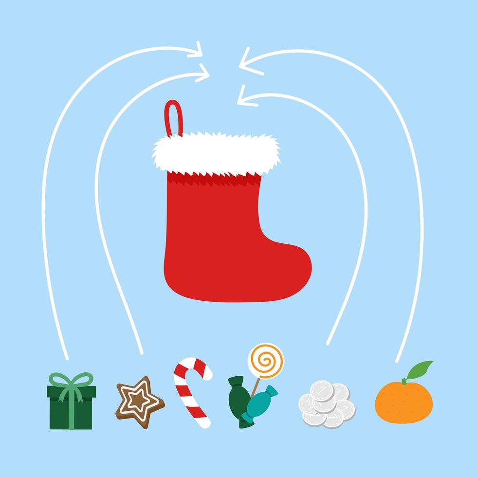 What to put in Christmas stocking. Small gifts, sweets, fruits and coins vector