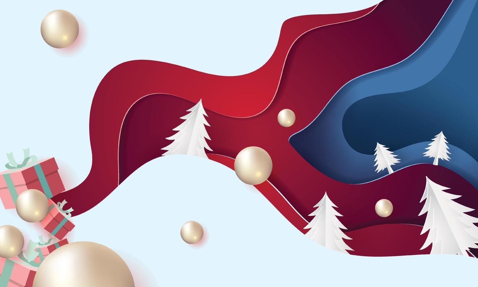 happy christmas day paper art background with gift box snow paper art santa  vector illustation