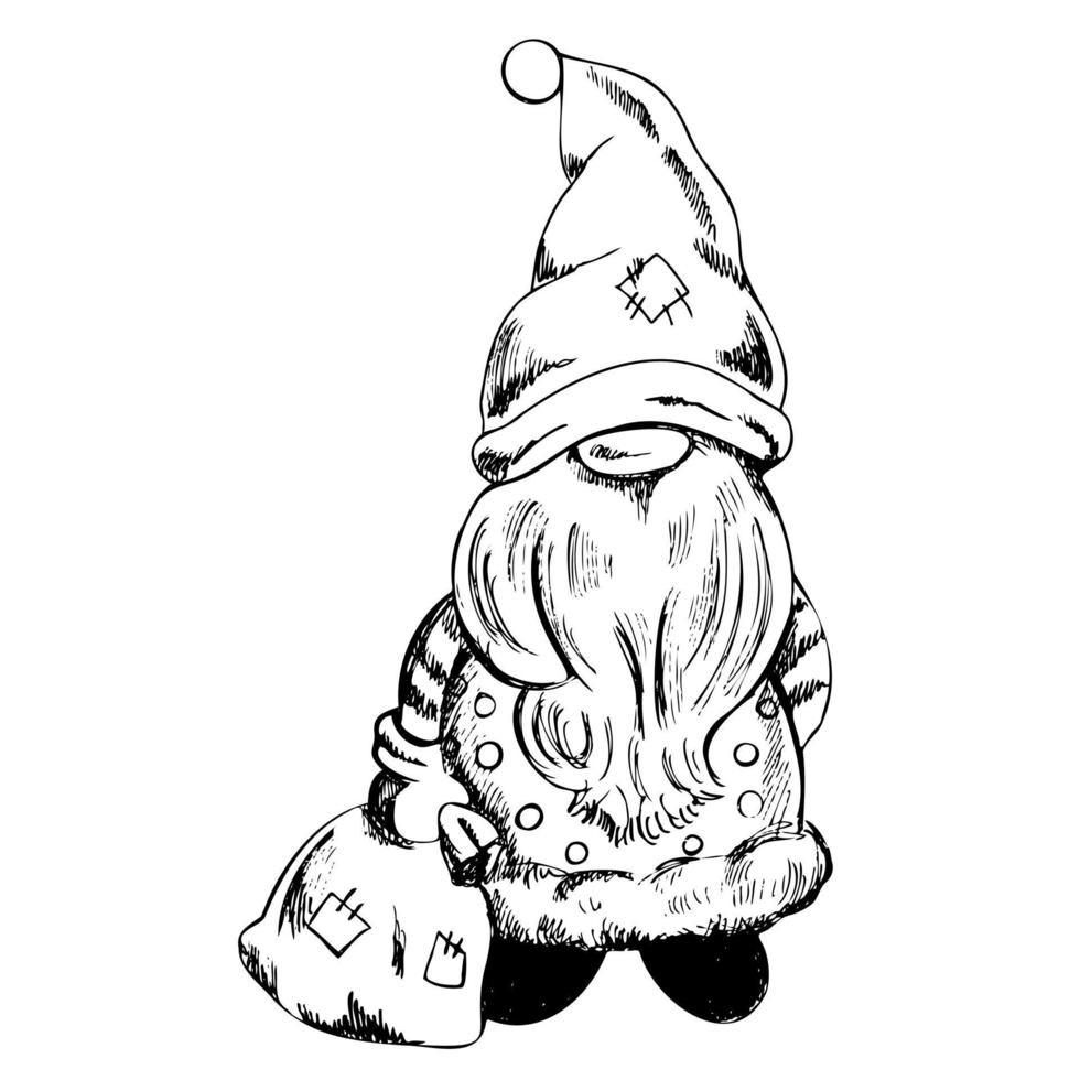 A hand-drawn gnome with a bag in his hands. The Scandinavian winter gnome. Vintage vector illustration.