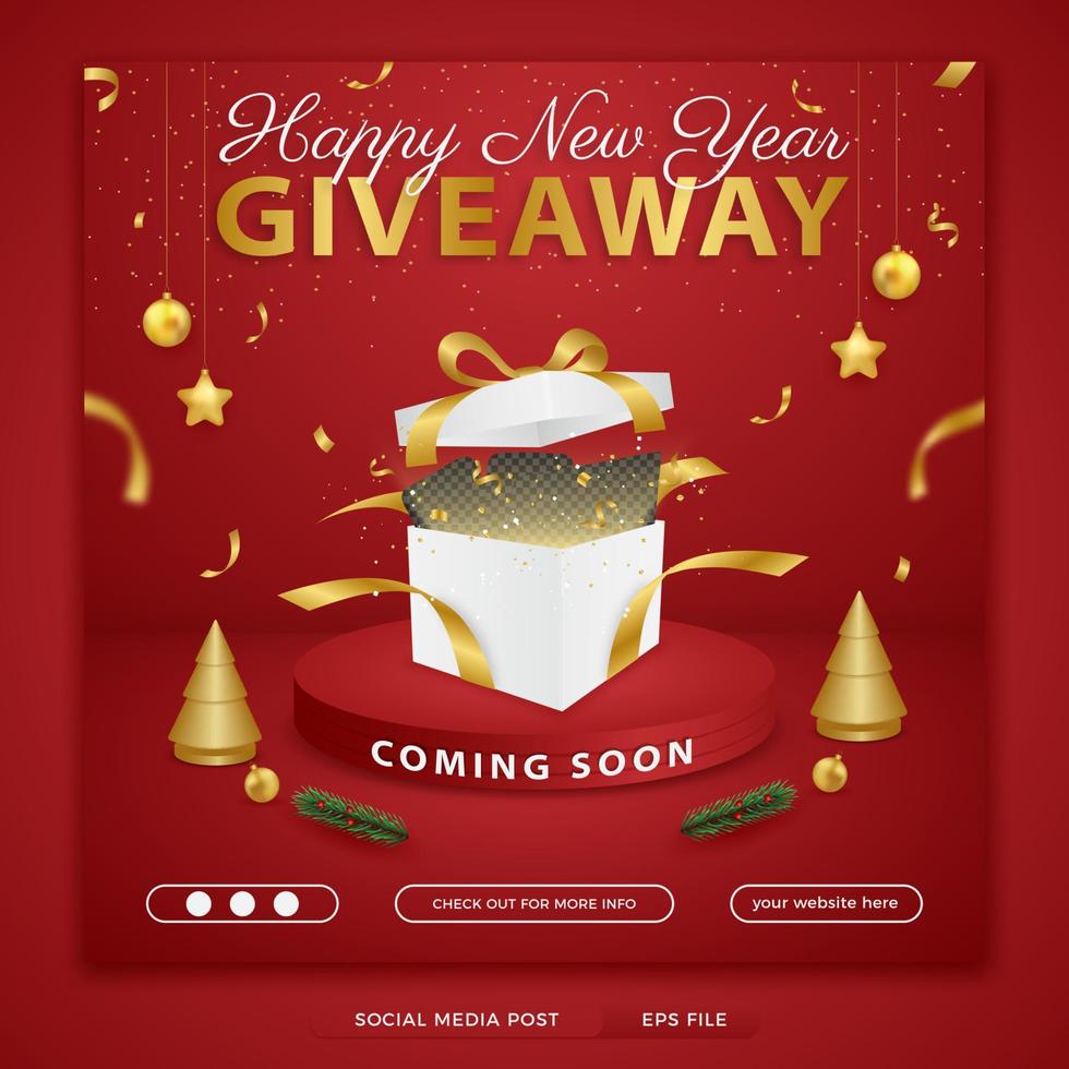 New year giveaway square banner template with podium on red background vector