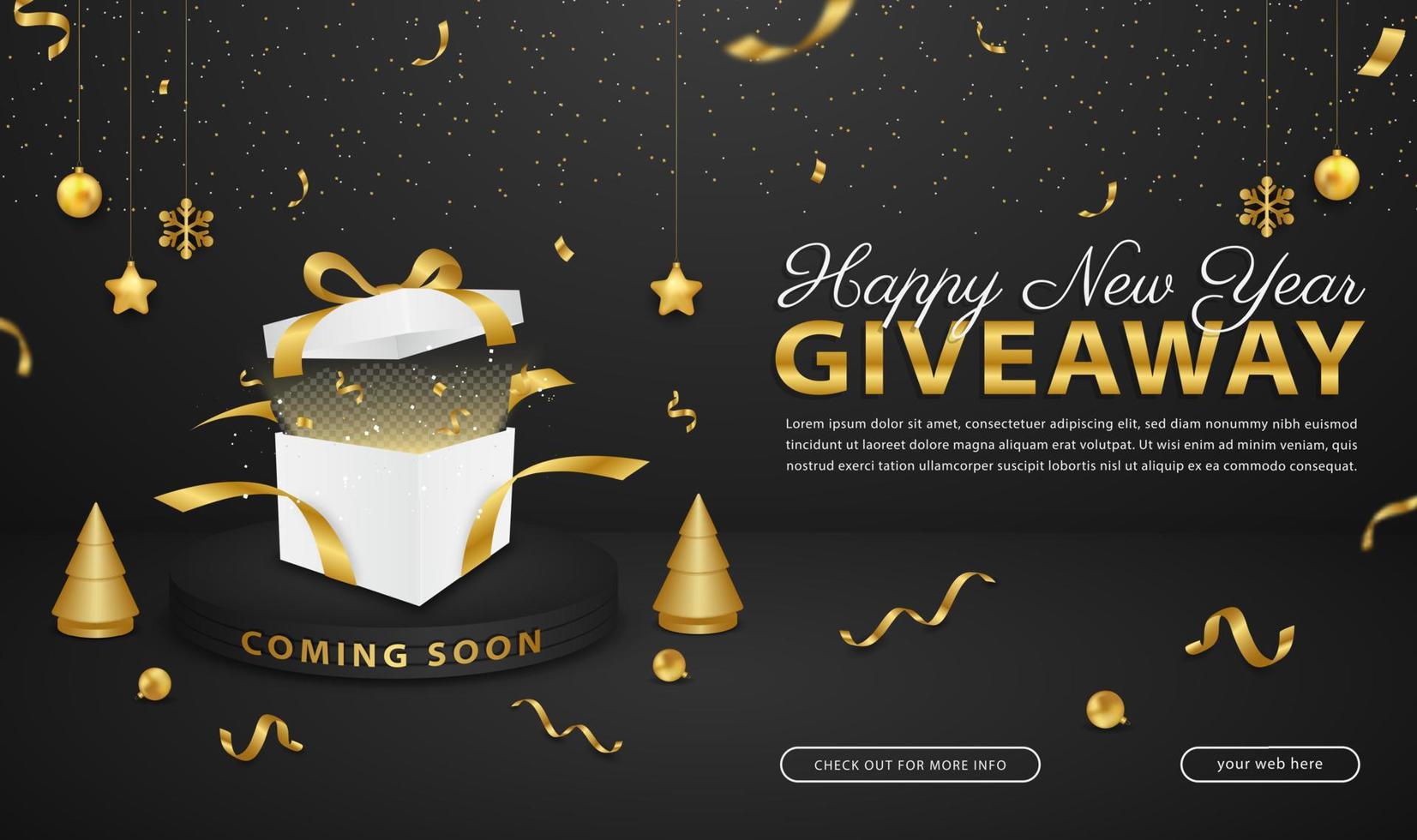 New year giveaway banner template with podium on black background vector