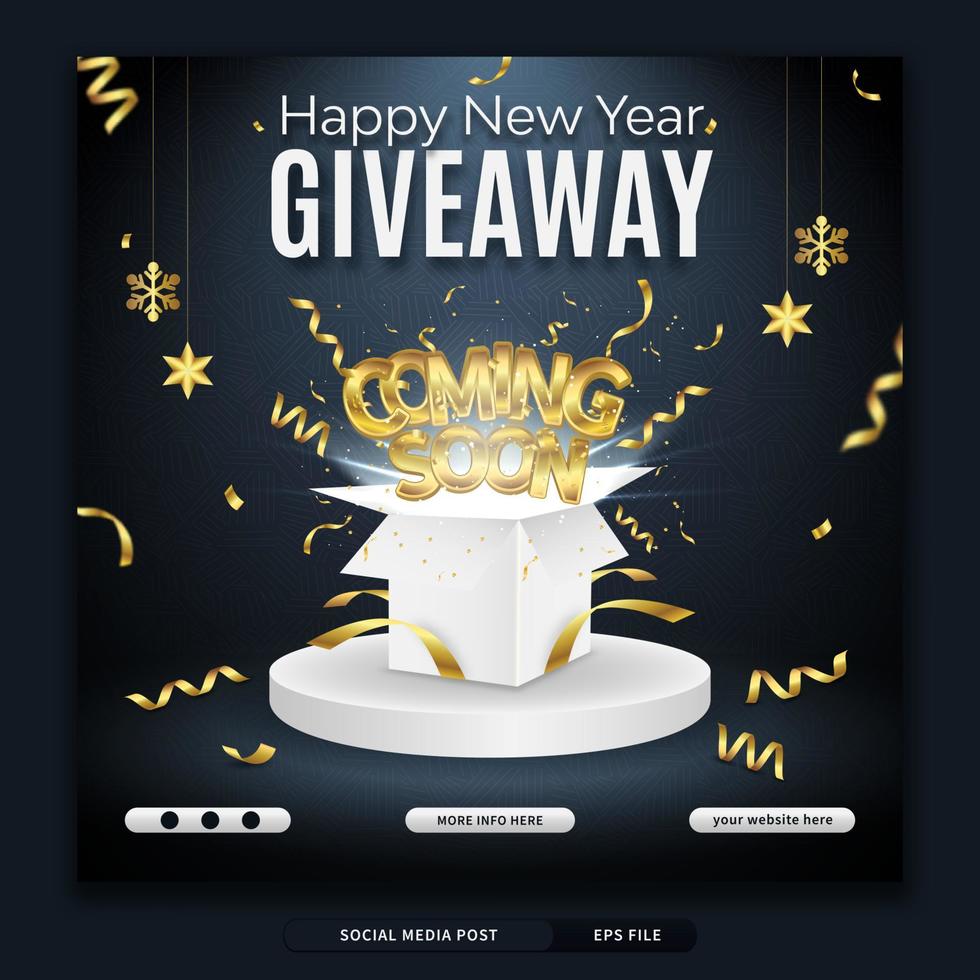 New year giveaway announcement square banner template with gift box on black background vector