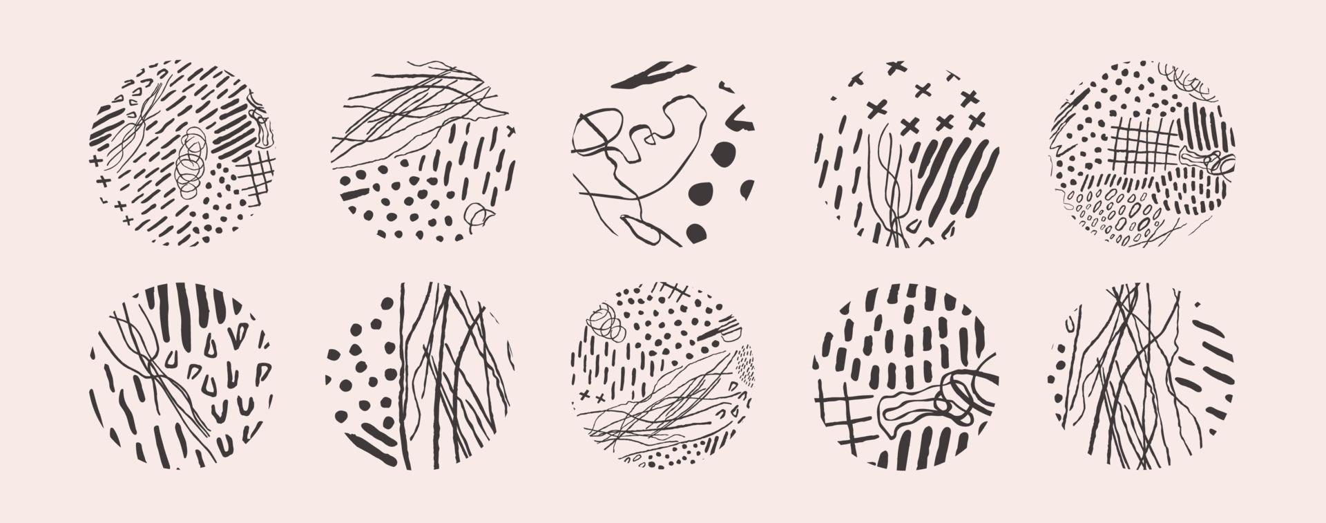 Vector hand drawn set with round isolated abstract black patterns or backgrounds. Various doodle shapes for highlight covers, posters, social media Icons templates.