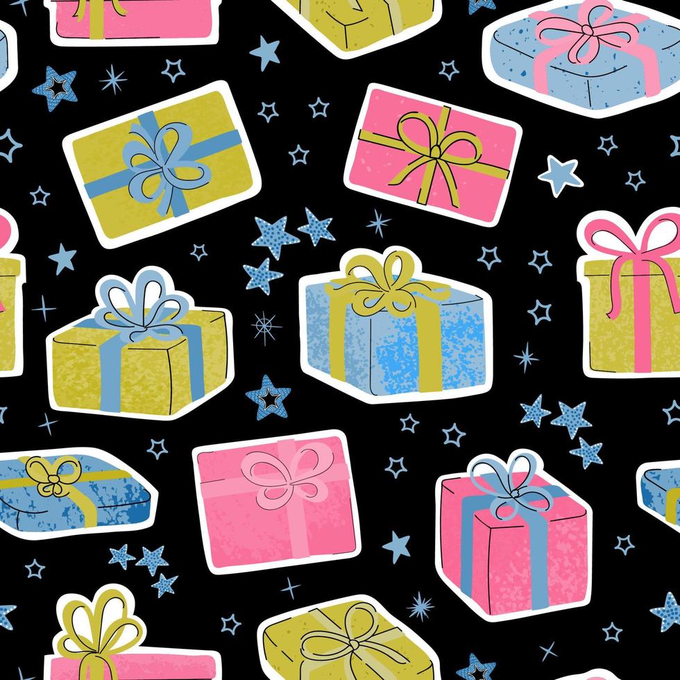 Vector modern seamless pattern with colorful hand draw illustration of christmas gifts. For wallpaper, textile print, pattern fills, web page, surface textures, wrapping paper, design of presentation