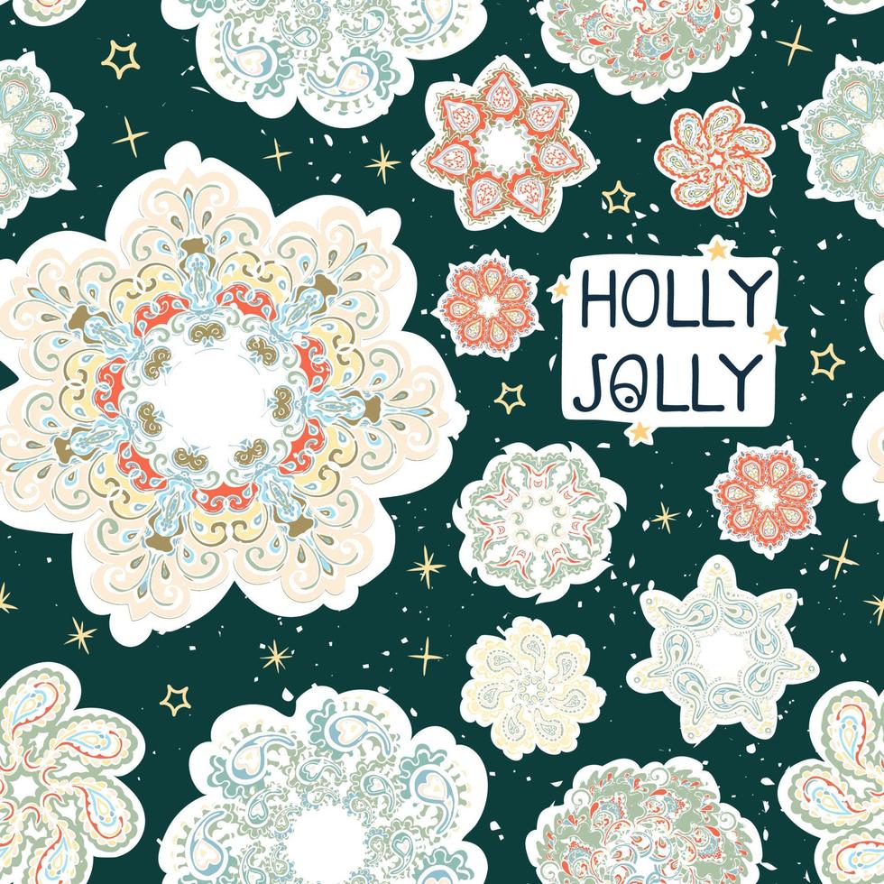 Vector modern greeting card with colorful hand draw illustration of snowflakes. Merry christmas. Use it as elements for design poster, card, fills, web page, wrapping paper, design of presentation