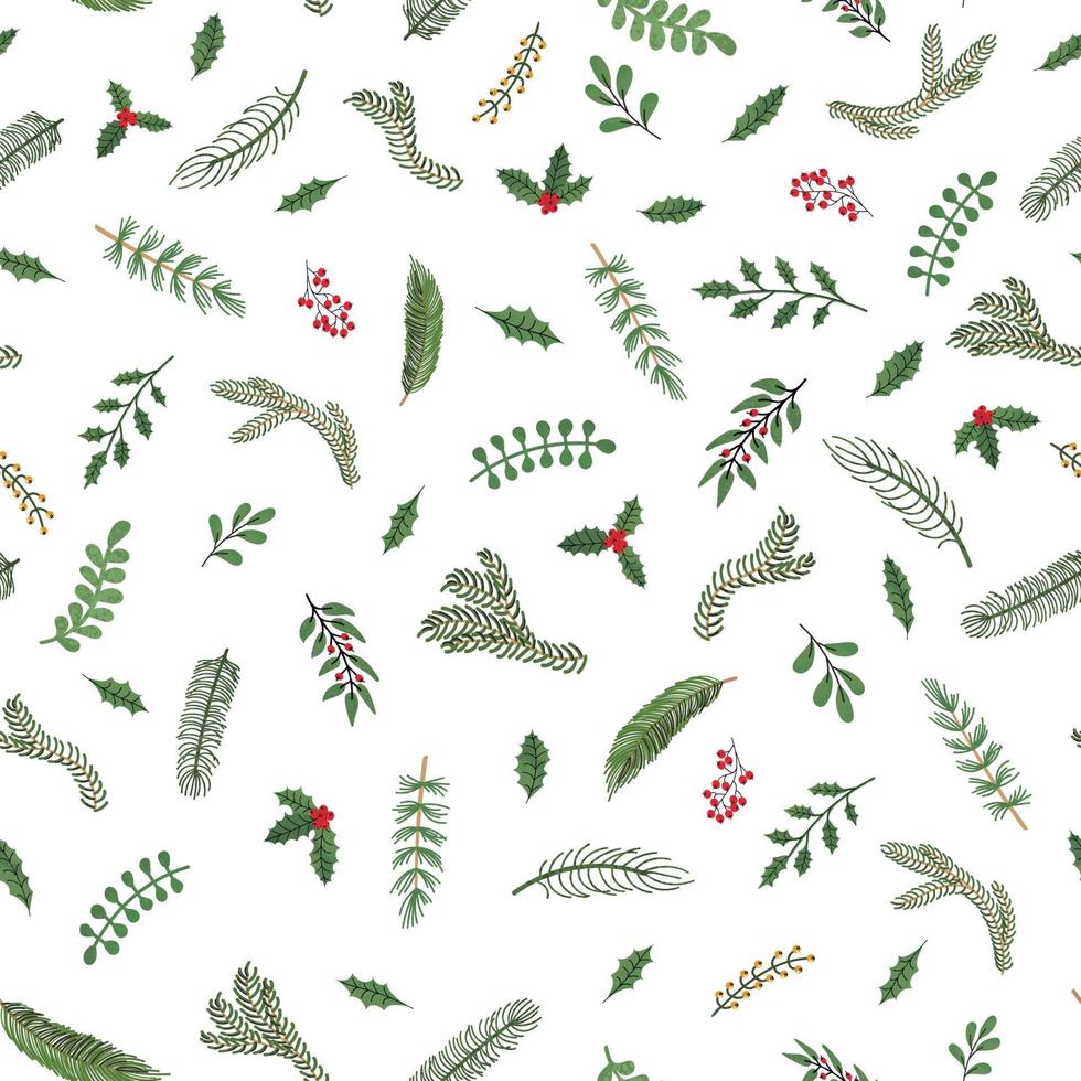 Vector modern seamless pattern with colorful hand draw illustration of Christmas plants. Use it for wallpaper, textile print, fills, web page, surface textures, wrapping paper, design of presentation