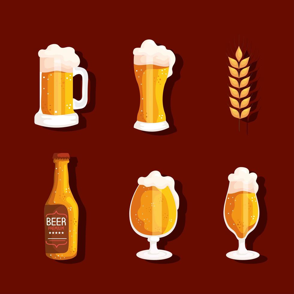 seis iconos de cervezas vector