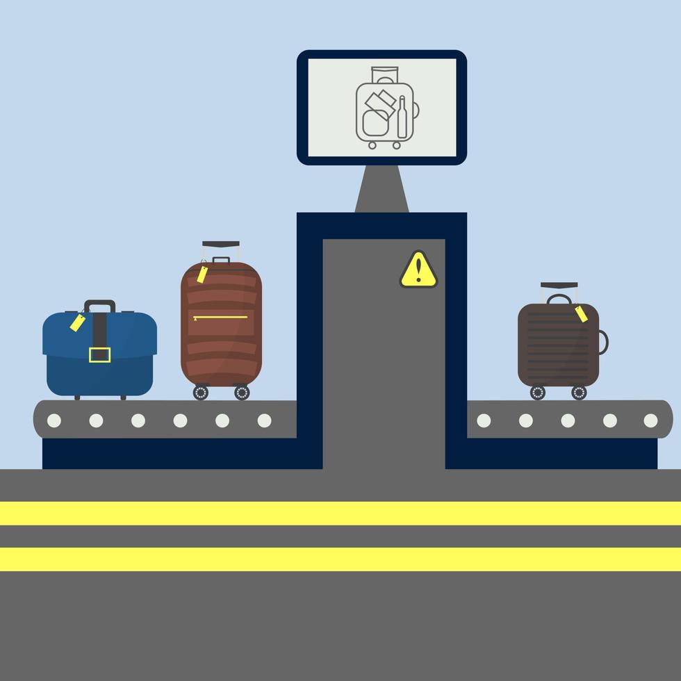 Luggage airport carousel. Conveyor belt at airport scanner. vector