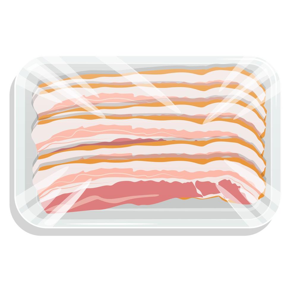 Sliced bacon in a plastic tray. Vacuum packed pork. Vector illustration.