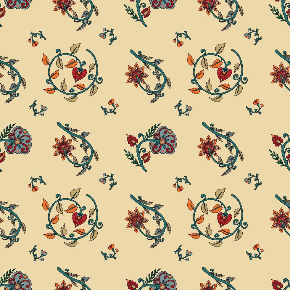 Seamless pattern with elements of Indian painting in the kalamkari style and paisleys. vector