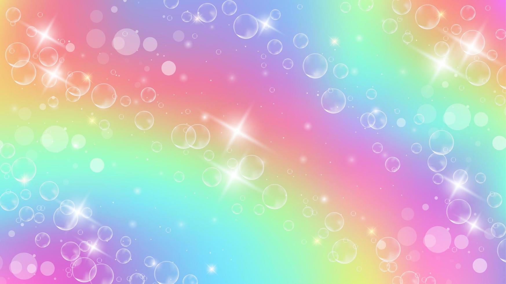 Rainbow fantasy background. Holographic illustration in pastel colors. Cute cartoon girly background. Bright multicolored sky with stars and bokeh. Vector illustration