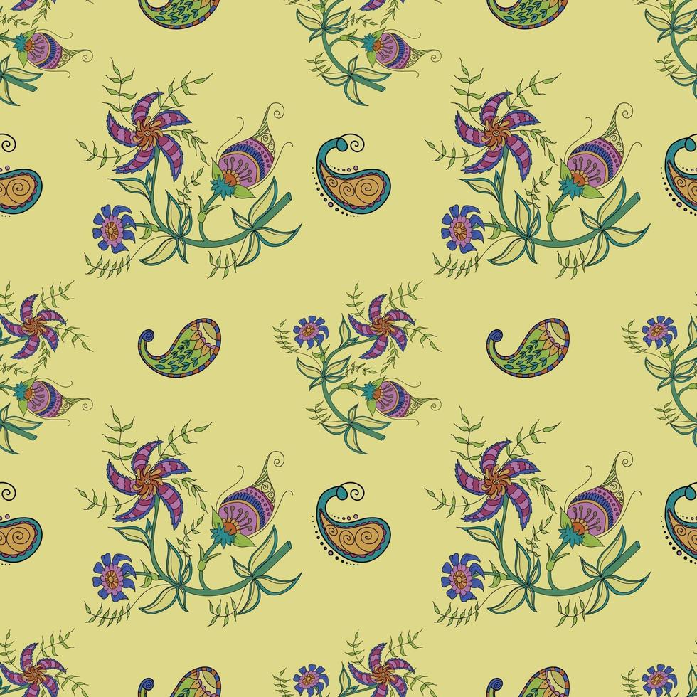 Seamless pattern with elements of Indian painting in the kalamkari style and paisleys. vector