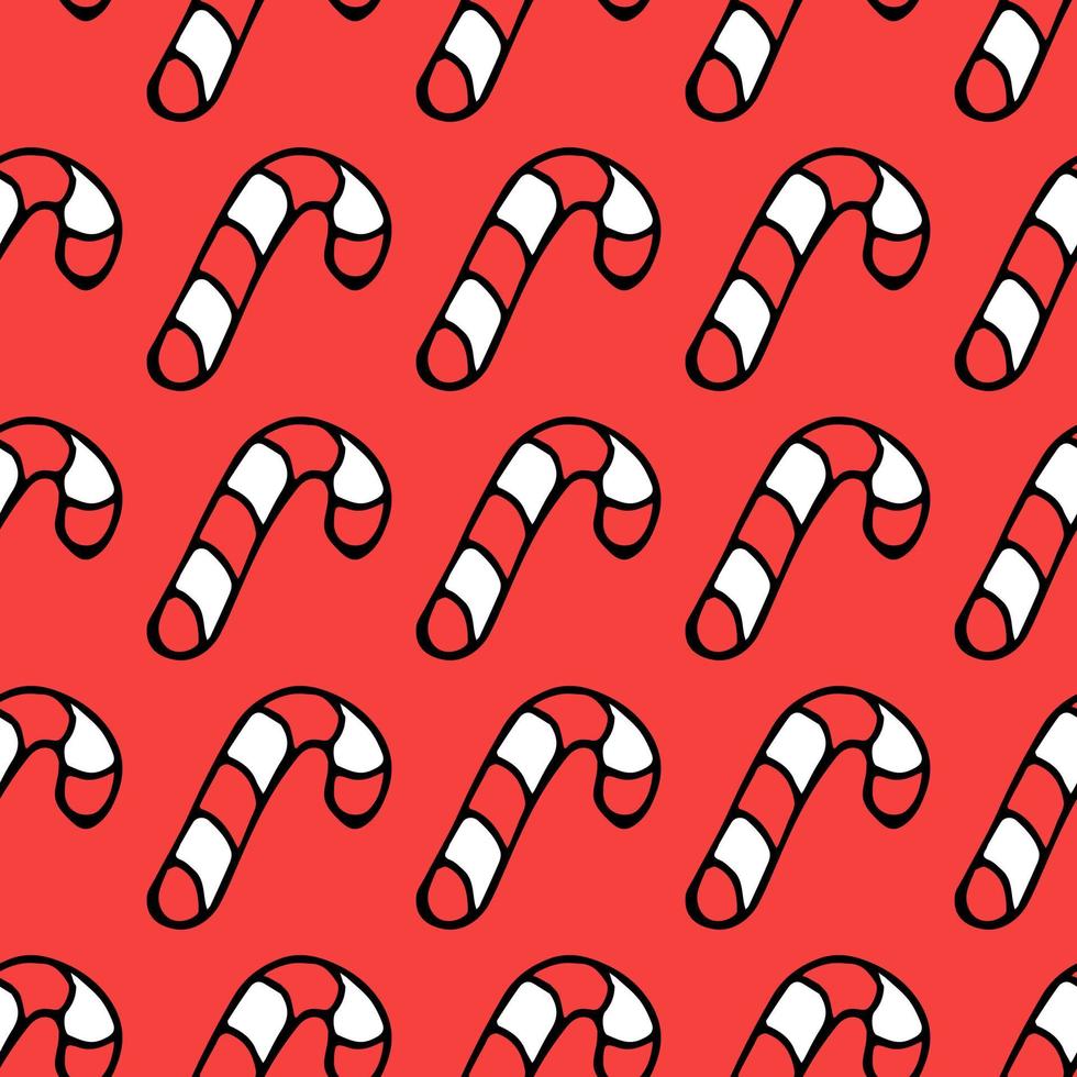 patrón sin fisuras con bastón de caramelo de Navidad. Ilustración de vector de doodle con iconos de caña de caramelo sobre fondo rojo. bastón de caramelo vintage, fondo de elementos dulces para su proyecto.
