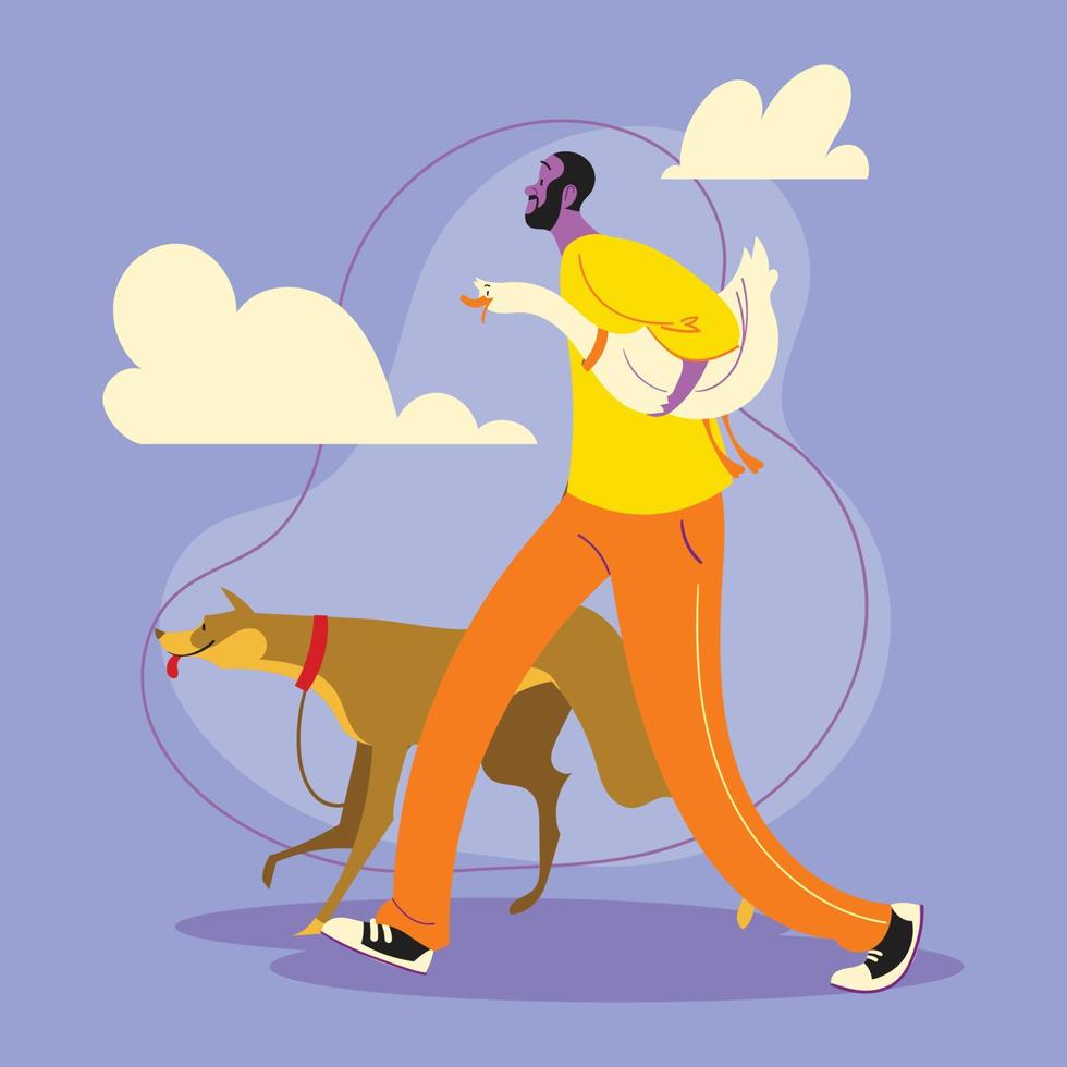 A Man Waking with His Dog and Goose vector
