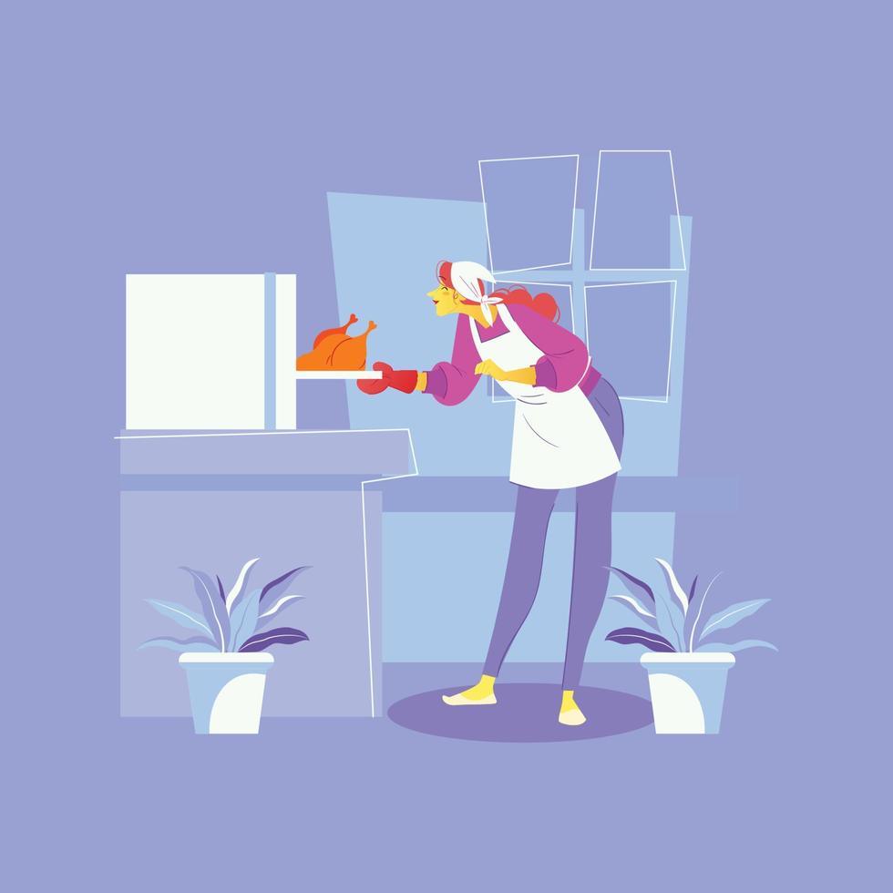 Woman Cooking Chicken vector