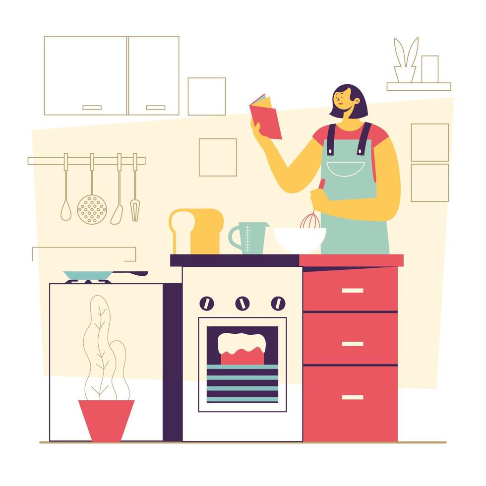 Women Make A Cake In The Kitchen vector