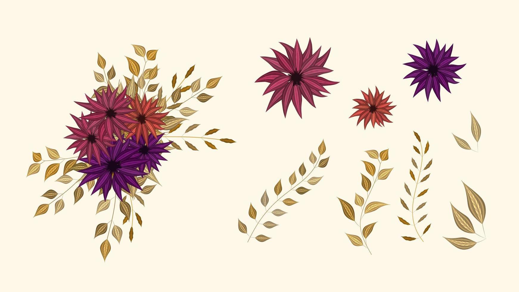 Botanical collection of wild floral elements with garden flowers bunch vector