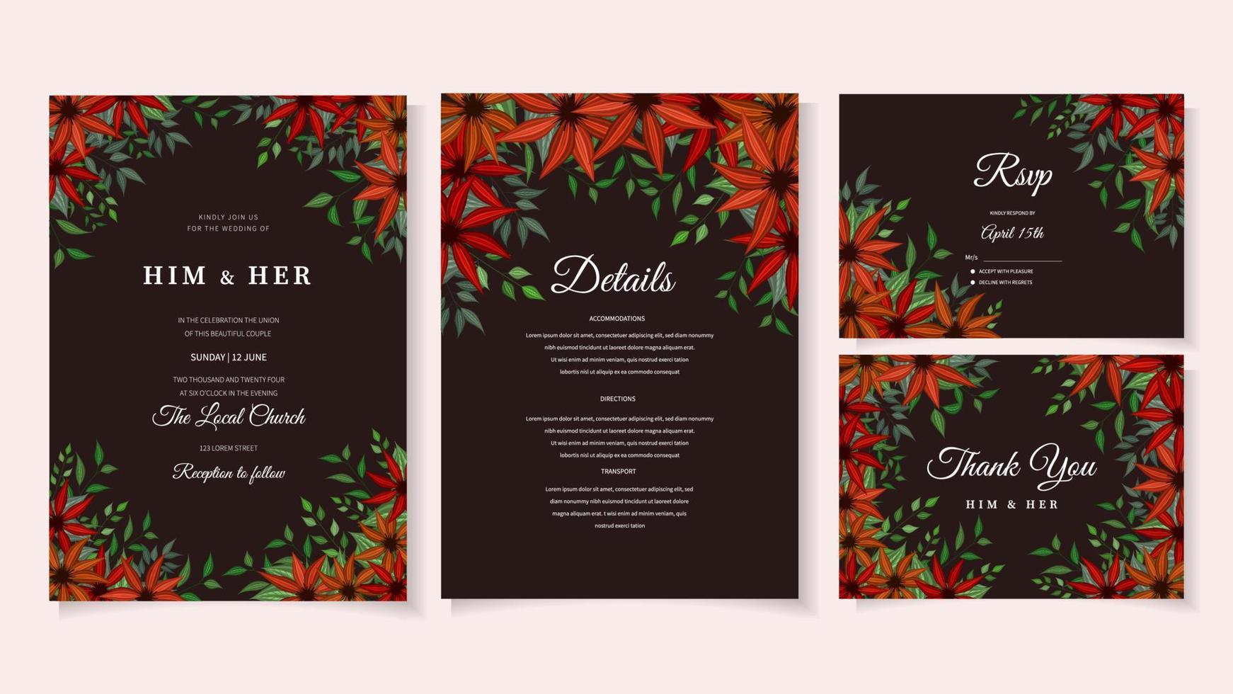 Elegant floral wedding invitation card set flower frame and border vector