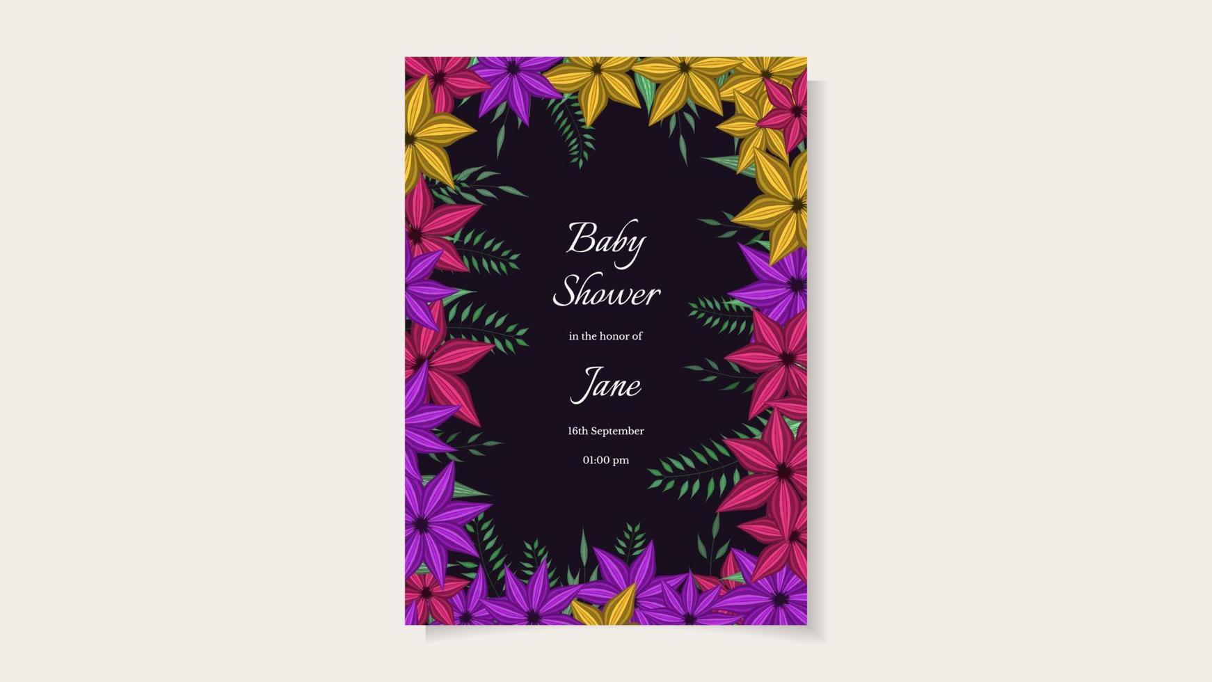 colorido floral baby shower diseño de tarjeta bonitas flores tema botánico vector