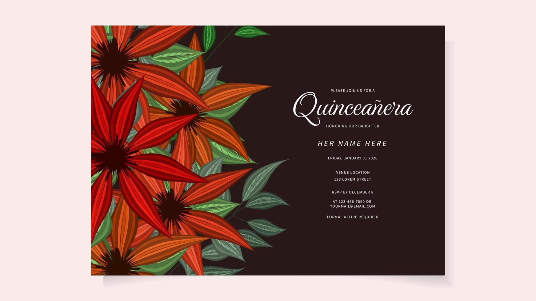 Quinceanera flowers Invite Template for Birthday party of 15 year old vector