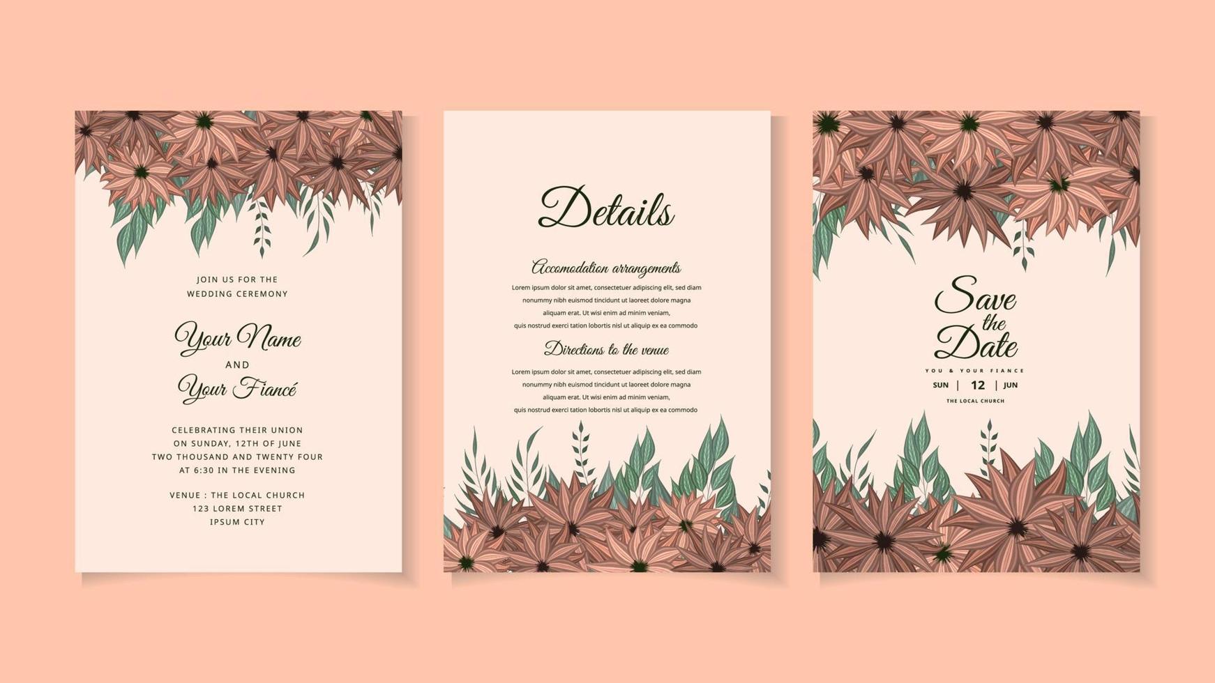 Rustic Wedding Invitation floral invite thank you, rsvp modern card. vector