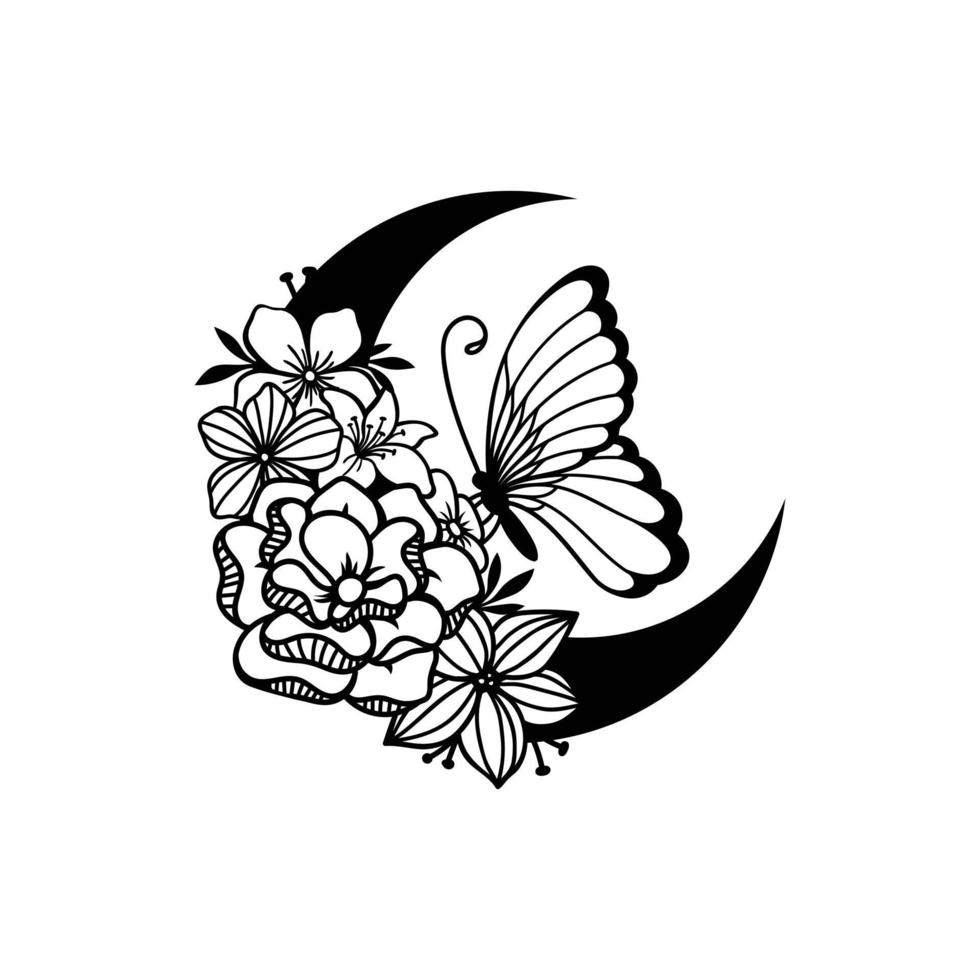 Crescent moon with butterfly and floral style decoration vector