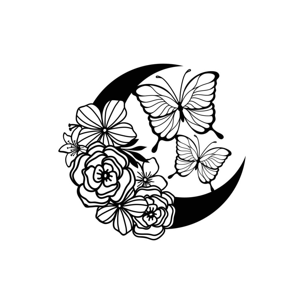 luna creciente con mariposa y decoración de estilo floral vector