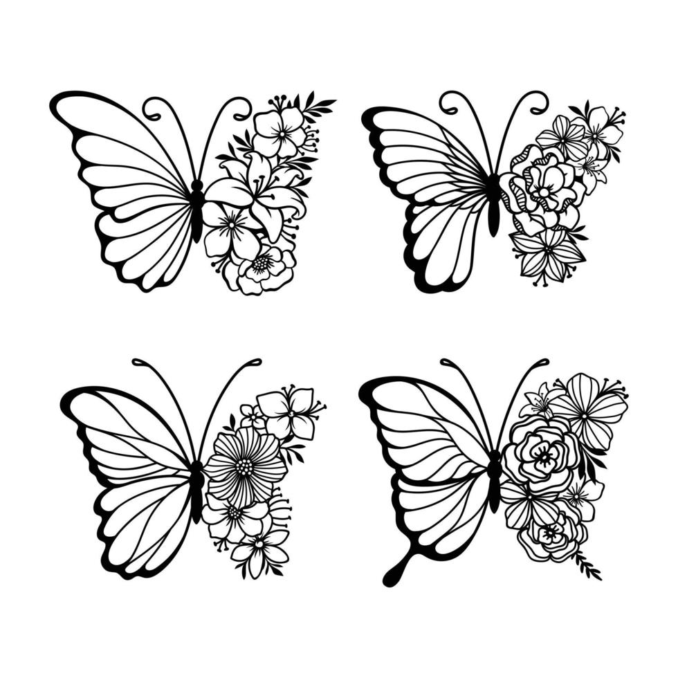conjunto de mariposas de arte lineal, mariposas de ilustración monocromática vector