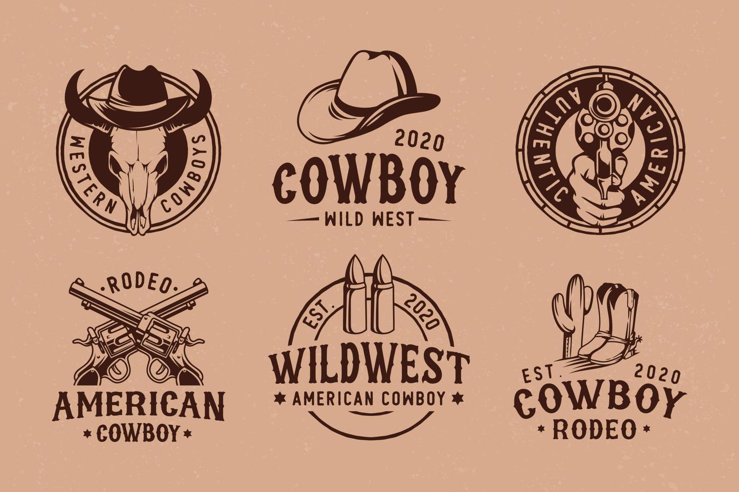 Cowboy rodeo show conjunto de emblemas, etiquetas, insignias y logotipos vintage vectoriales en estilo monocromo aislado vector