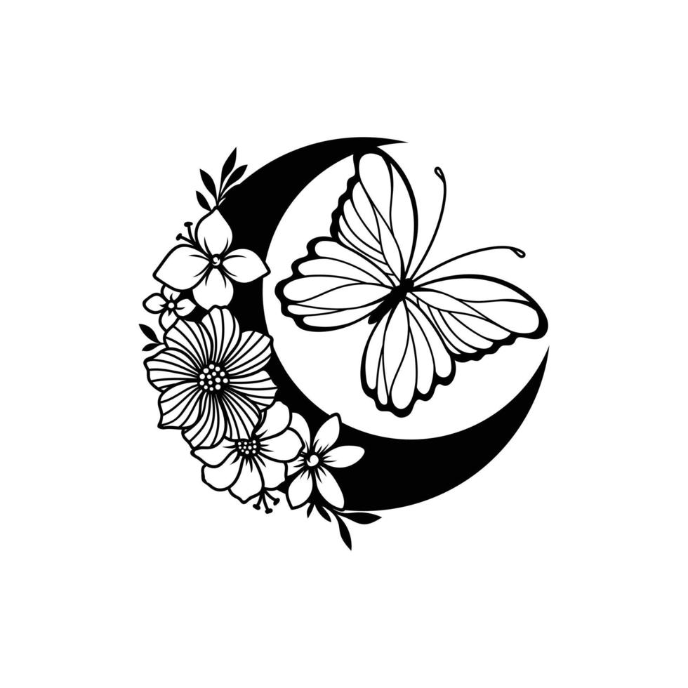 Crescent moon with butterfly and floral style decoration vector