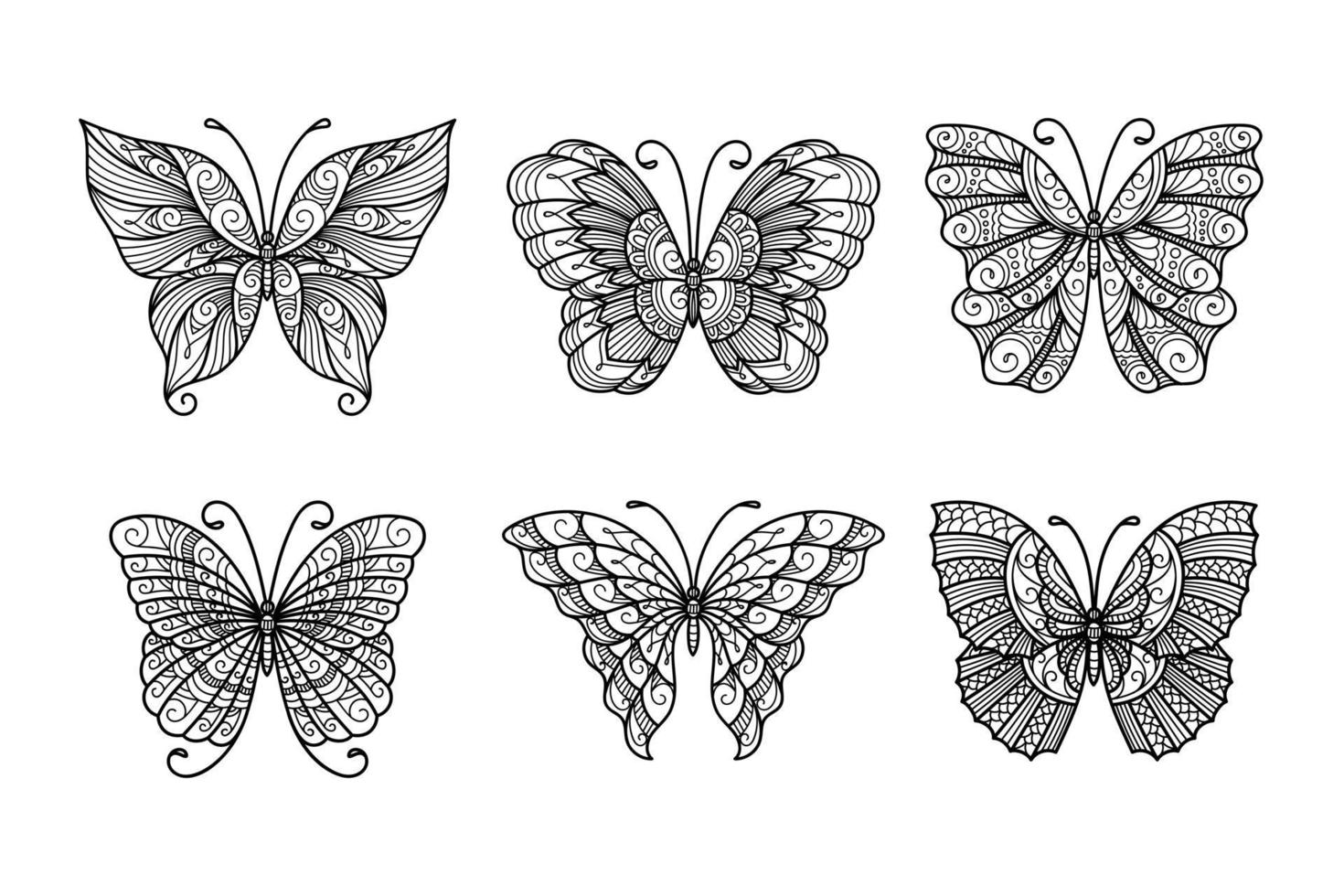 conjunto de mariposas de arte lineal, mariposas de ilustración monocromática vector