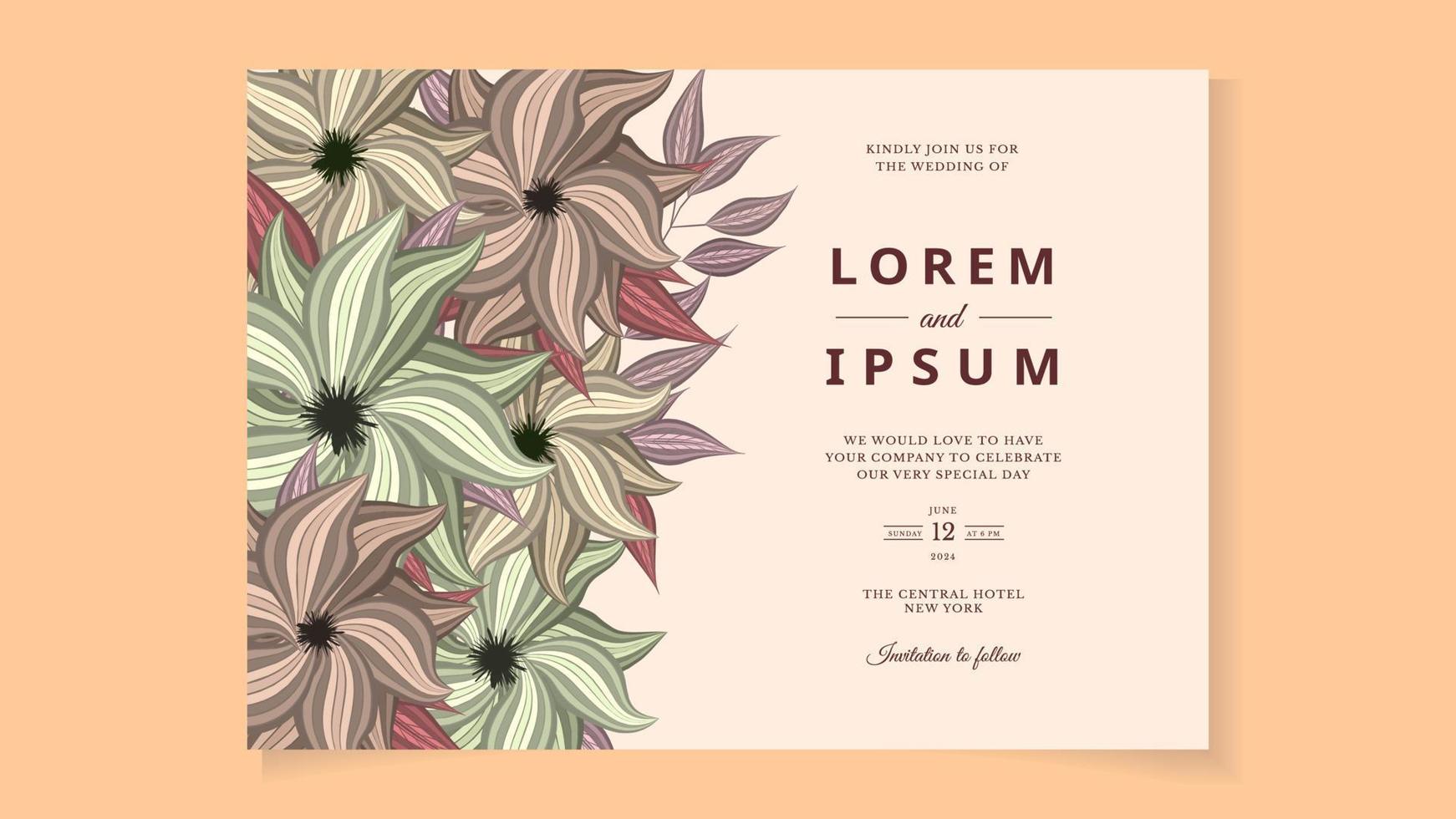 floral wreath wedding invitation card template with premium flowers vector