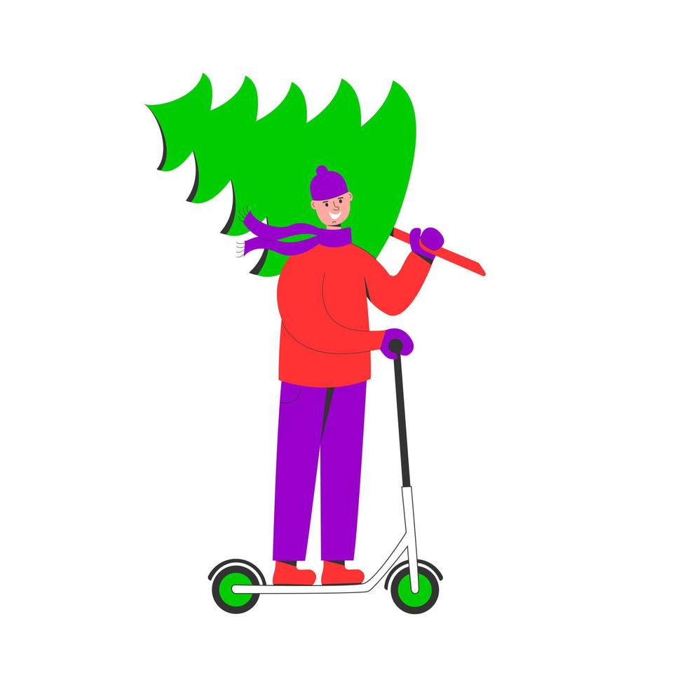 hombre feliz llevando el árbol de navidad y montando en scooter eléctrico. preparándose para el concepto de vacaciones de invierno vector