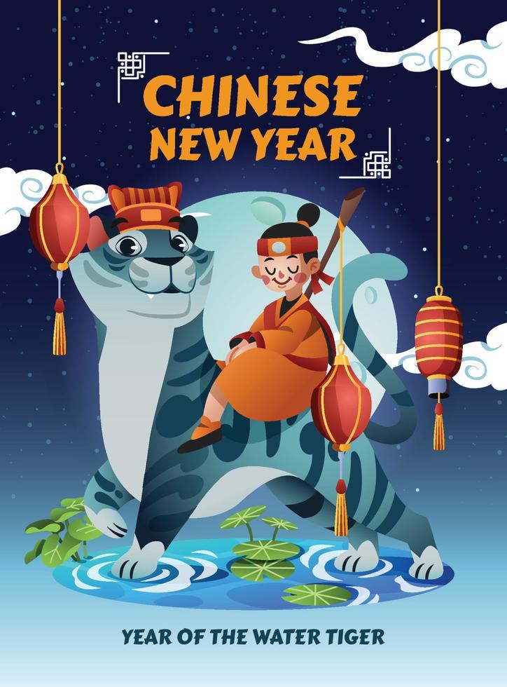 un niño montado en un tigre azul celebra el año nuevo chino vector